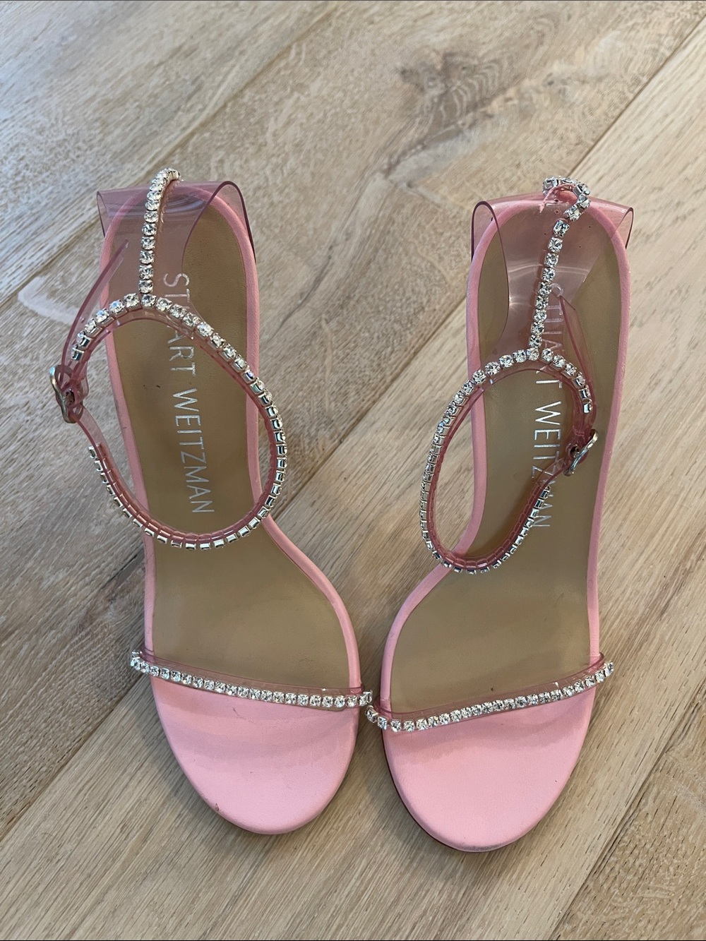 Stuart Weitzman Nudistglam Pink Rhinestone T-Strap Heels